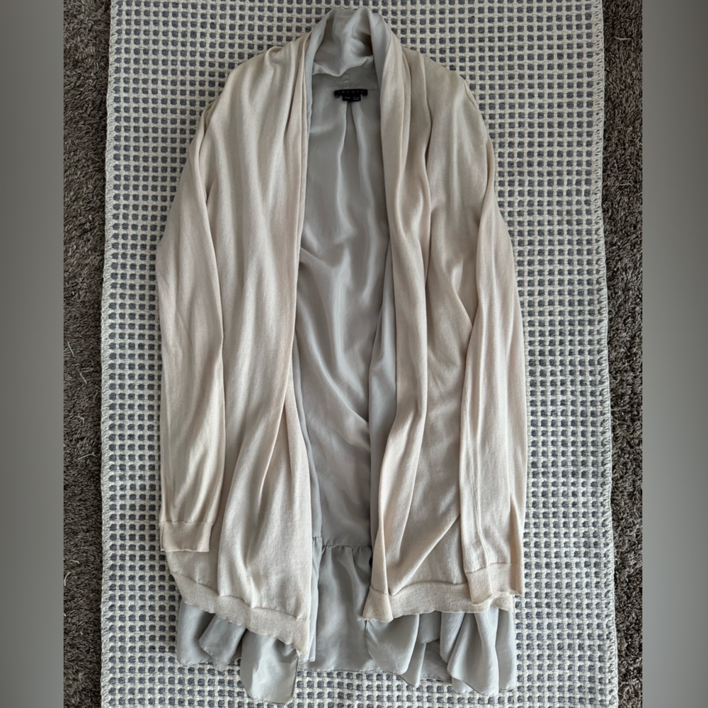 THEORY silk ruffle lined cotton open cardigan